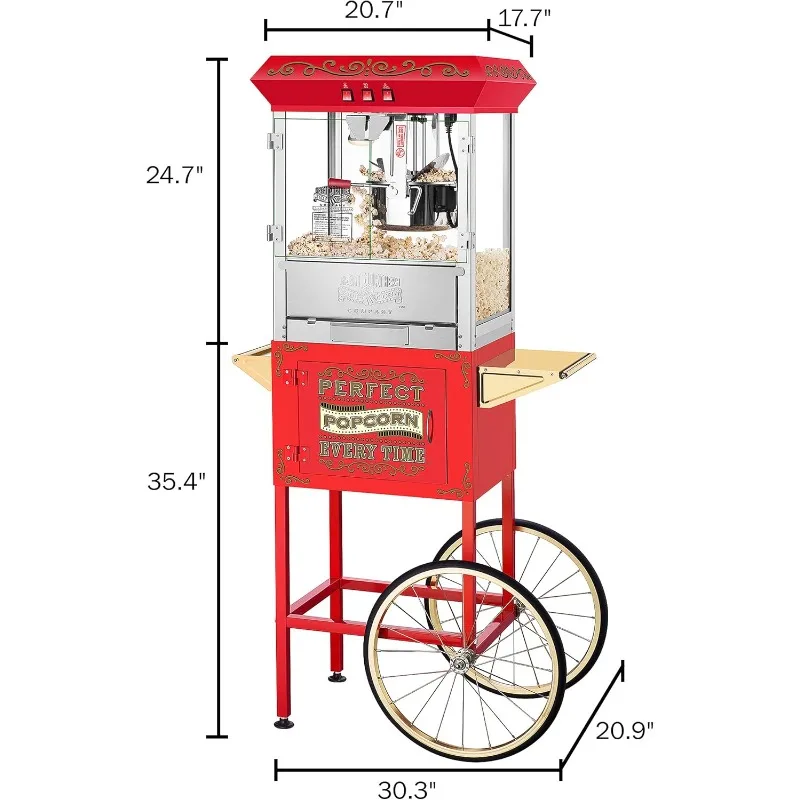 Popcorn Machine with Cart and Stainless-Steel Kettle, Warming Light, and Accessories, 10oz, Red