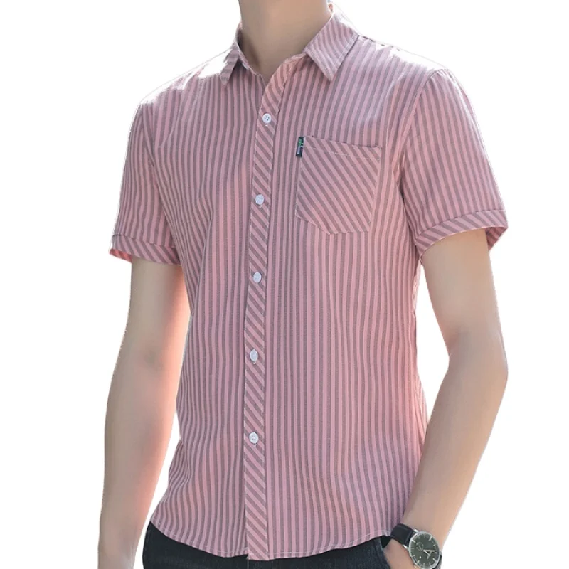 Summer Men's Lapel Vertical Striped Short Sleeve Shirt Fashion Business Casual Slim Fit Handsome Half Sleeve Pockets Shirt