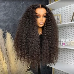 Synthetic Hair Glueless Black Soft 26Inch Long 180% Density Kinky Curly Deep Lace Front Wig For Women With BabyHair Daily