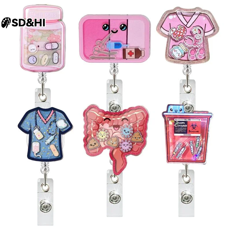 Shaker Acrylic Anime Scrubs Pills Bottle Large Intestine Retractable Nurse Badge Reel Doctor ID Card Holder