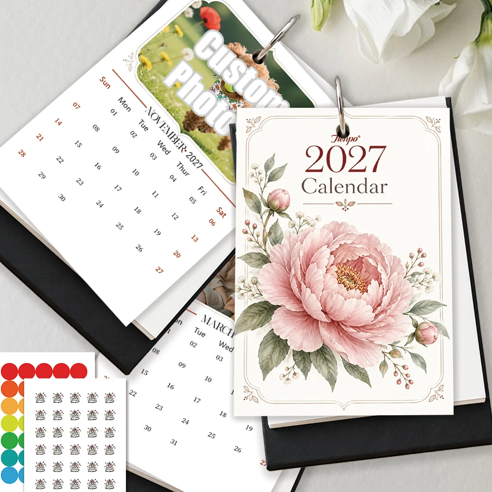 1pc 2027 Custom Photo Desk Calendar, Pink Peony Floral Table Calendar With Stickers, Birthday Christmas New Year Gift