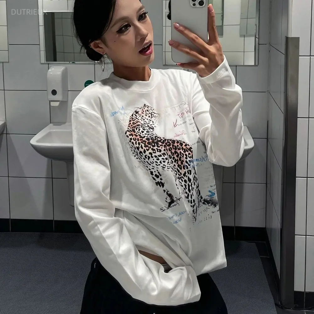 Leopard Letter Print Ropa mujer Y2K Long Sleeve Women's Loose O-neck T-shirts Spring Clothes Gothic Tops Roupas Feminina