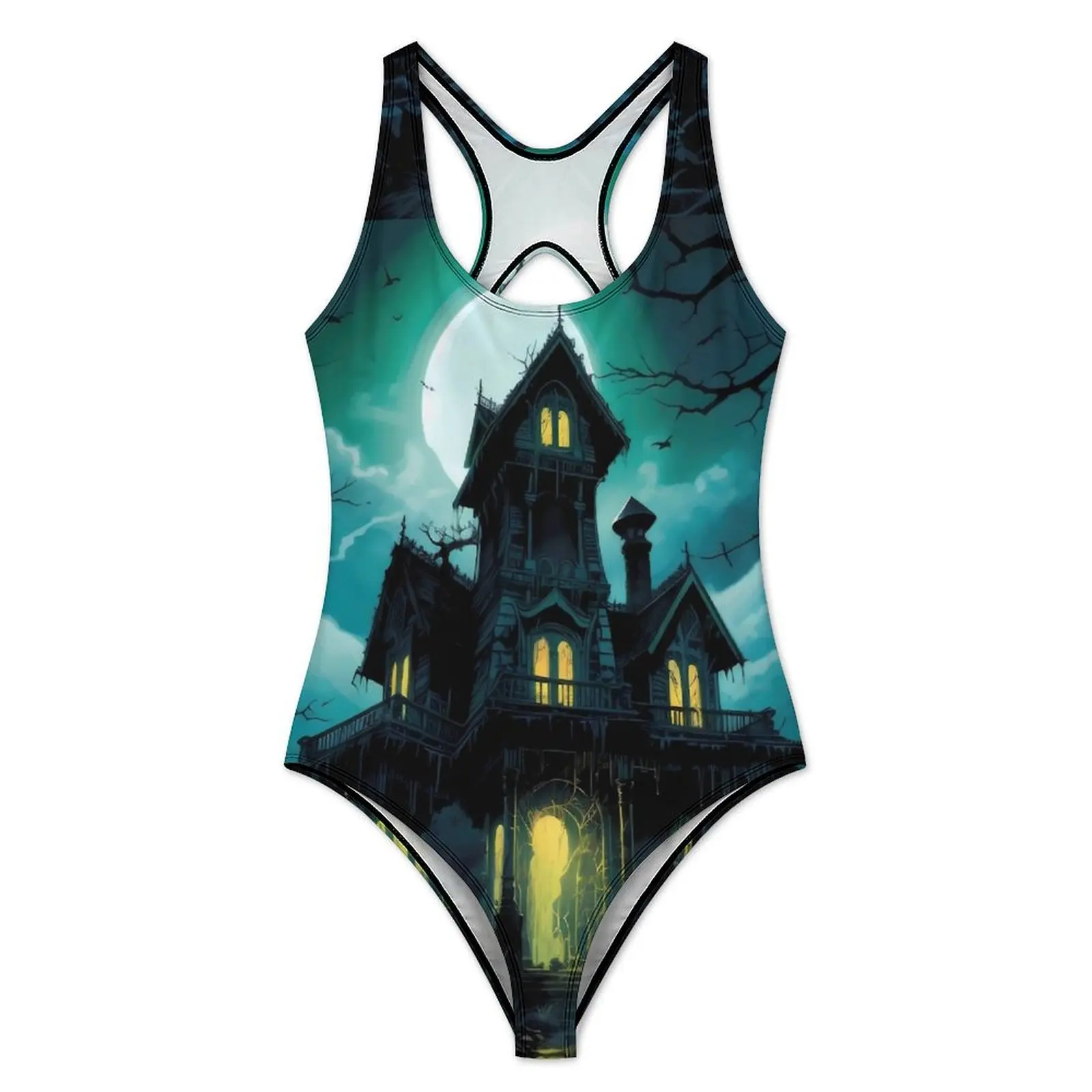 Haunted Mansion Swimsuit Halloween Print One Piece Swimwear Push Up Fantasy Monokini Sexy Sport Graphic Beach Outfits