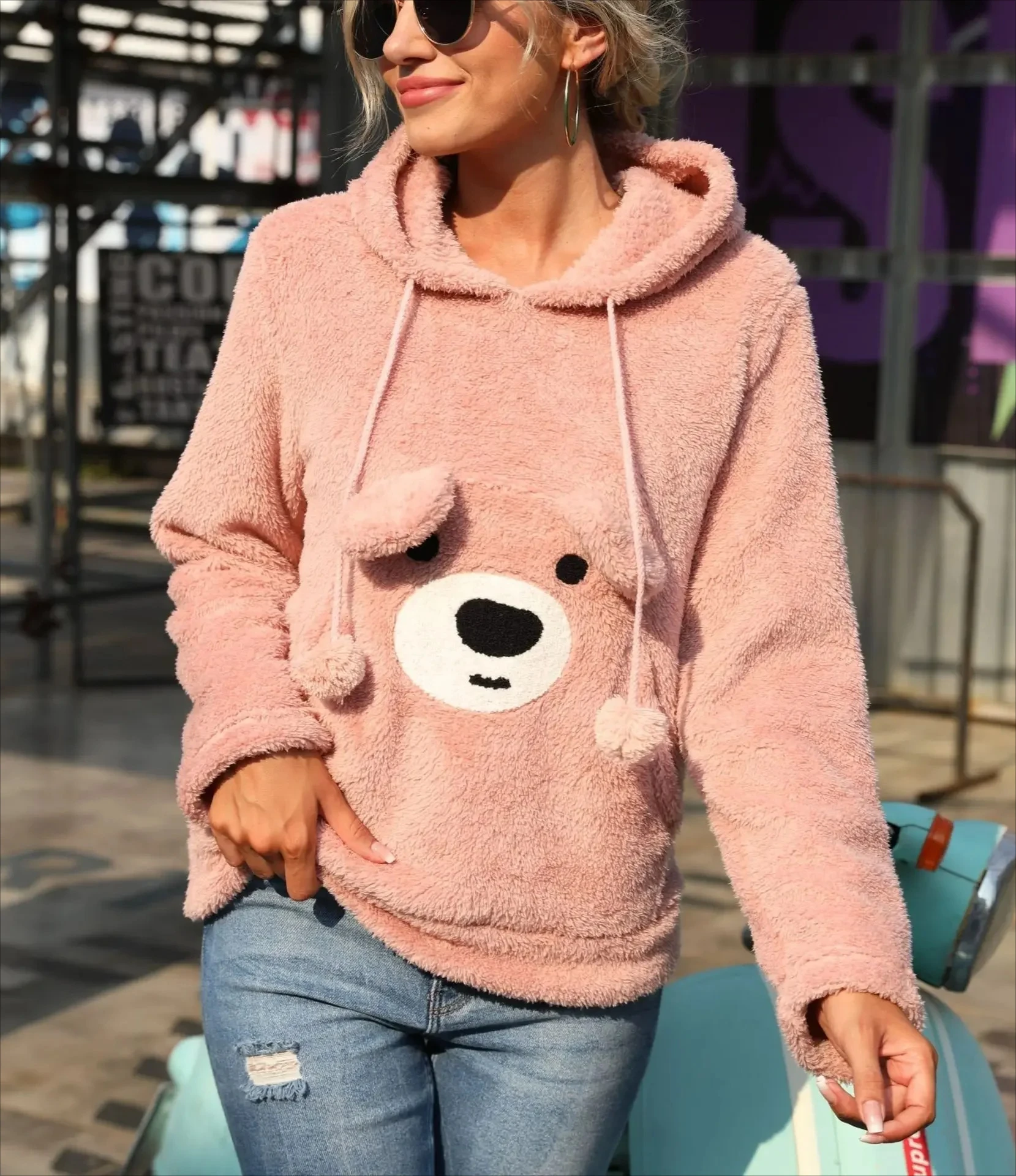 Bonito outono roupas femininas com capuz manga longa pulôver solto ajuste dupla face veludo urso padrão moletom