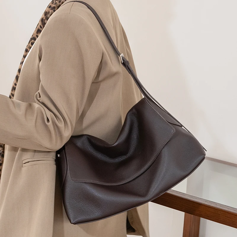 Women's Genuine Cowhide Leather Large Capacity Hobo Bag Slouchy Flap Shoulder Casual Commute Ladies Elegant 2026 Crossbody Purse