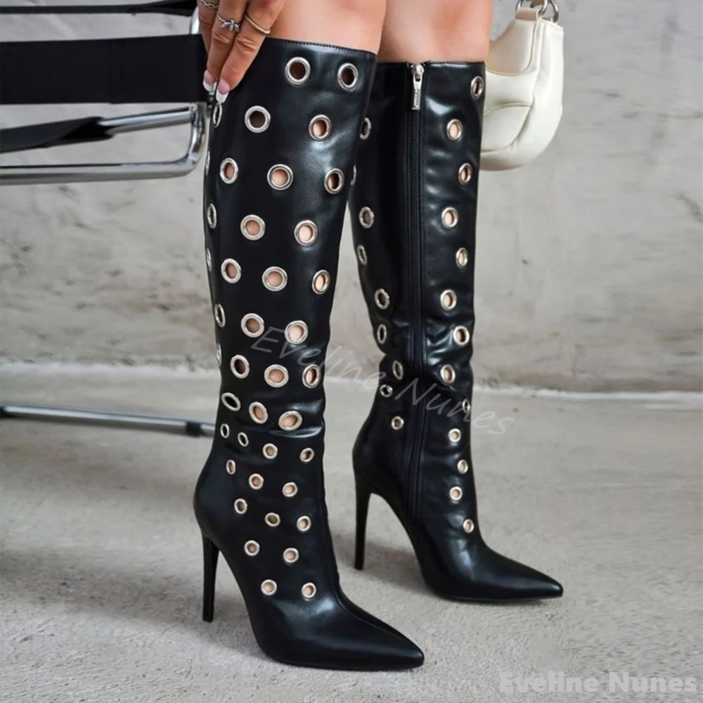 

Hollow Metal Hole Knee High Boots Women Pointed Toe Stiletto Heel Slip On Black Leather Boots New Fashion Design Catwalk Boots