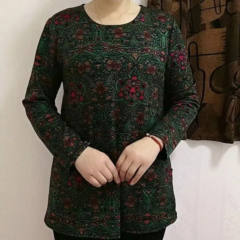 Elegant Style Women Spring Autumn Vintage Print Long Sleeve T Shirt Loose Hide Belly Top With Pockets For Mom