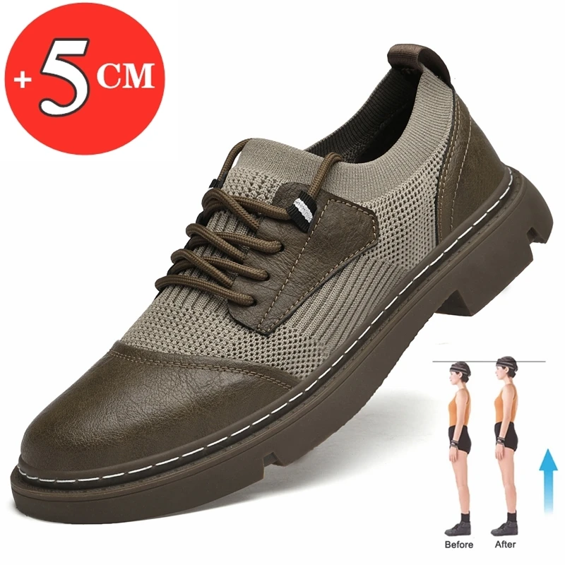 

Spring Men Flat/5cm Elevator Shoes Leisure Men Loafers Lace-up Soft Leather Moccasins Height Increase Taller Shoes Man Sneakers