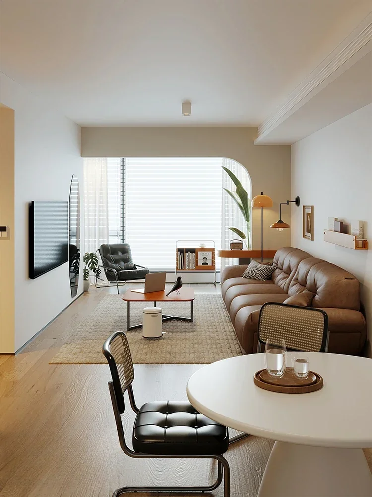 Italian minimalist leather sofa, living room small apartment three people straight row pine brown advanced