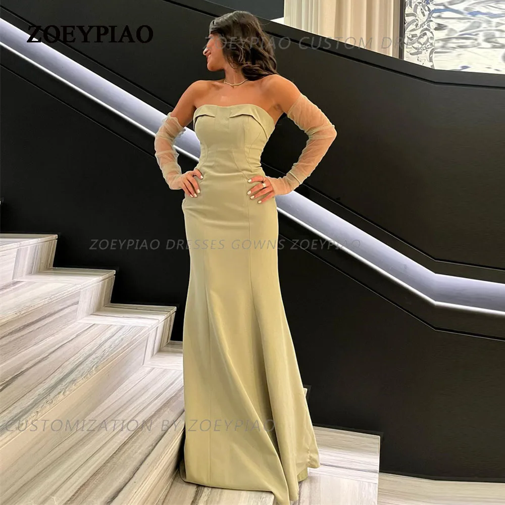 

Green Simple Mermaid Saudi Arabic Evening Dresses Strapless Full Sleeves Pleat Ruched Prom Dress Formal Party Gown