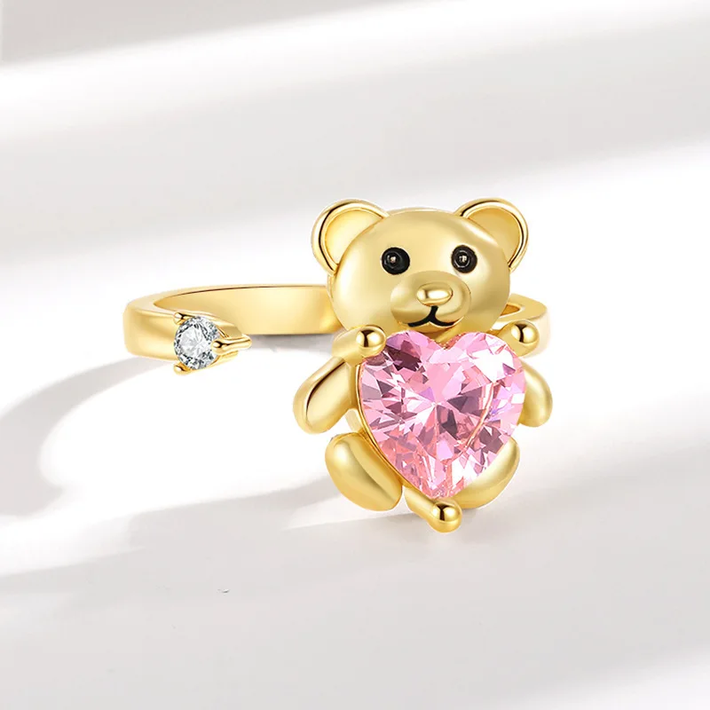Cute Bear Spinner Fidget Ring Rotating Anxiety Relief Ring for Women Stress Reducing Adjustable Open Jewelry Gift