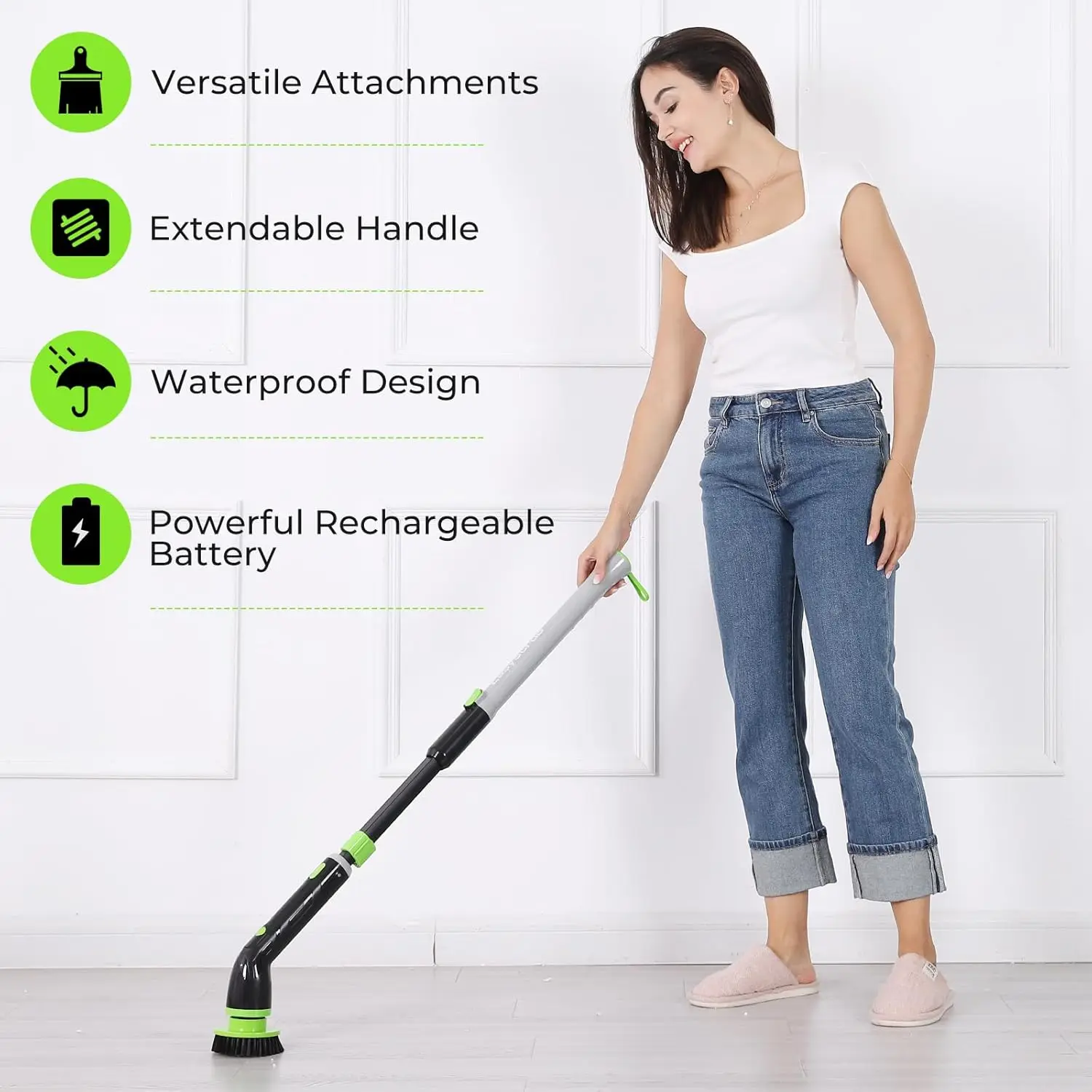 Cordless Electric Spin Scrubber - Powerful 350 RPM Cleaning with 4 Replaceable Heads, Adjustable Extension Handle, IPX7 Waterpro