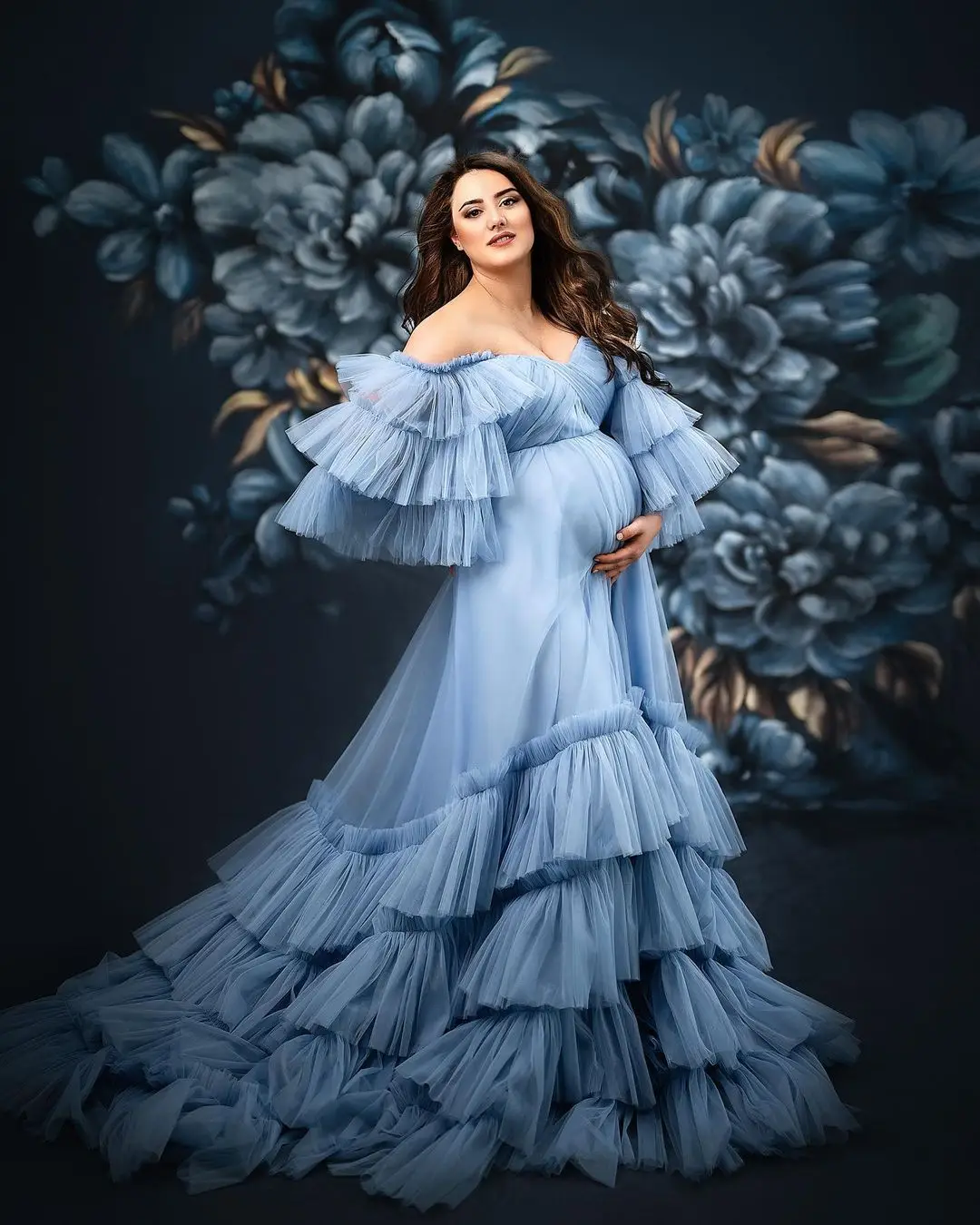 Personalizado elegante azul tule maternidade photoshoot vestido em camadas malha fora do ombro babyshower vestido para fotografia vestidos de gravidez