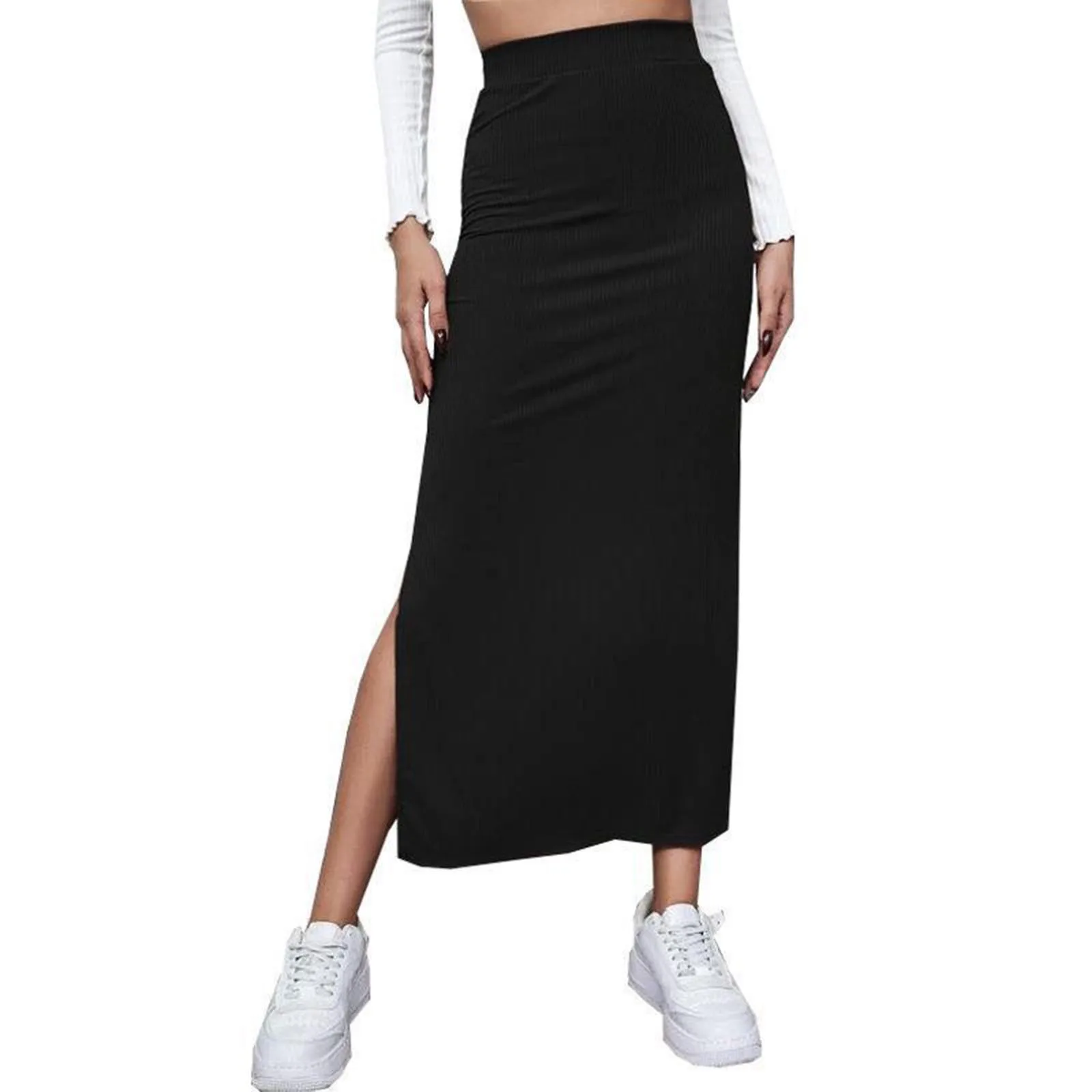 

2024 New High Waist Skirt For Women High Street Casual Stretch Long Skirts Pure Color Open Side Split Slim Party Club Slit Skirt