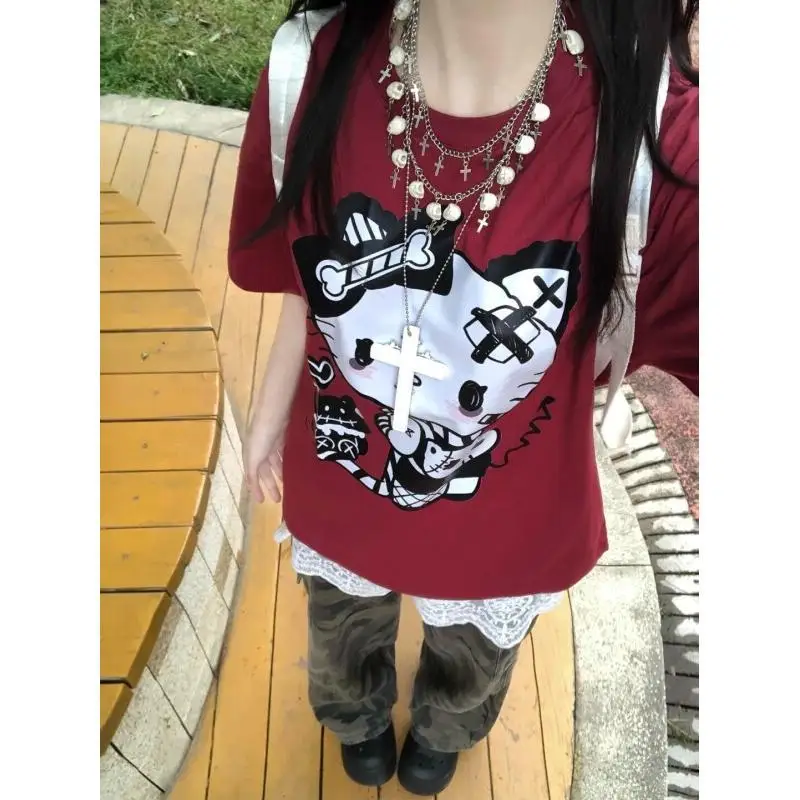 

Женская футболка Sanrio Hello Kitty, футболка с принтом, хлопковая футболка унисекс, летняя, в американском стиле, с графическим рисунком, свободного кроя, универсальная.