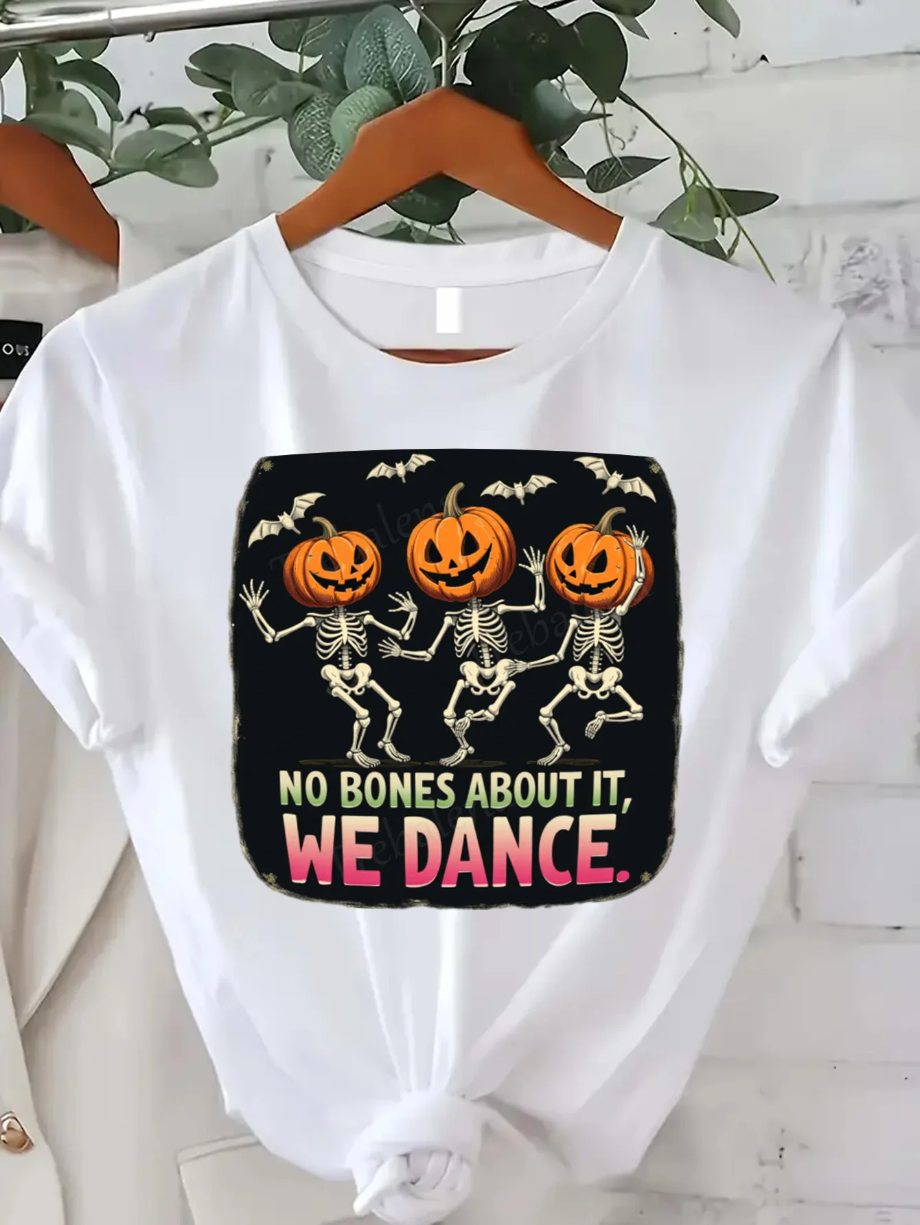 Round Neck T-shirt Halloween Skeleton Dance T-Shirt Women Plus Size Funny Pumpkin Print Short Sleeve Tee Fashion Casual Top