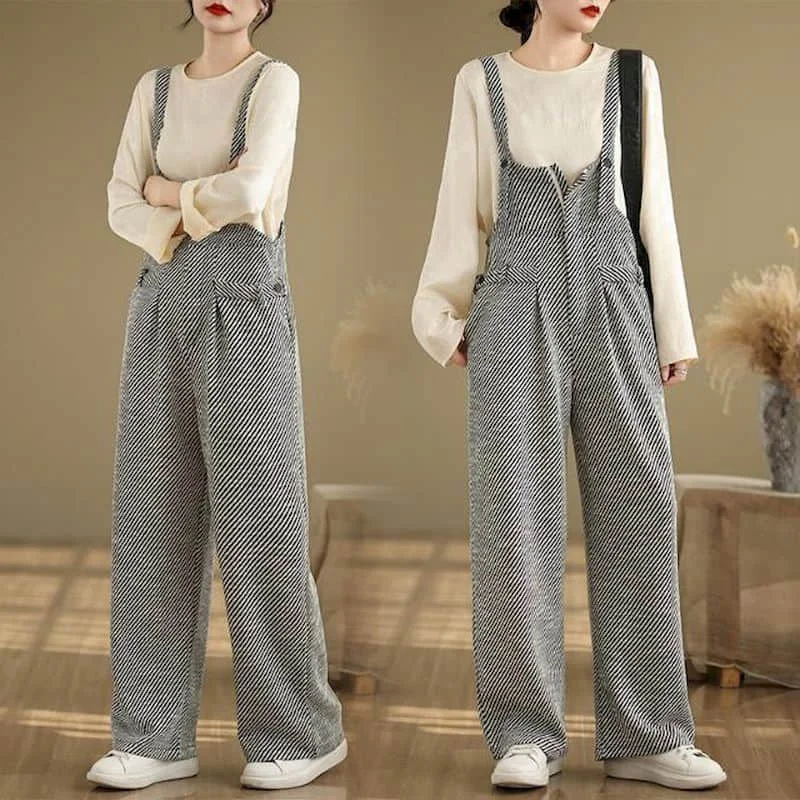 Striped Jumpsuits for Women Korean Style Straight Pants Loose Vintage Playsuits Casual Workwear Trousers Autumn Women Clothes