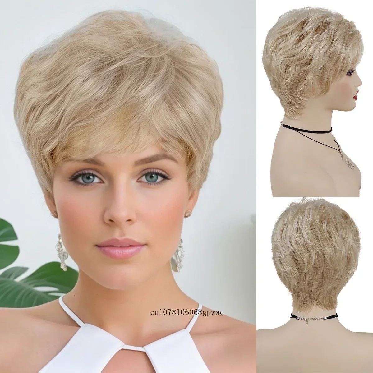 Synthetic Pixie Cut Wigs for Women Short Curly Blonde Wig with Bangs Heat Resistant Mommy Wig Daily Halloween Costume Party