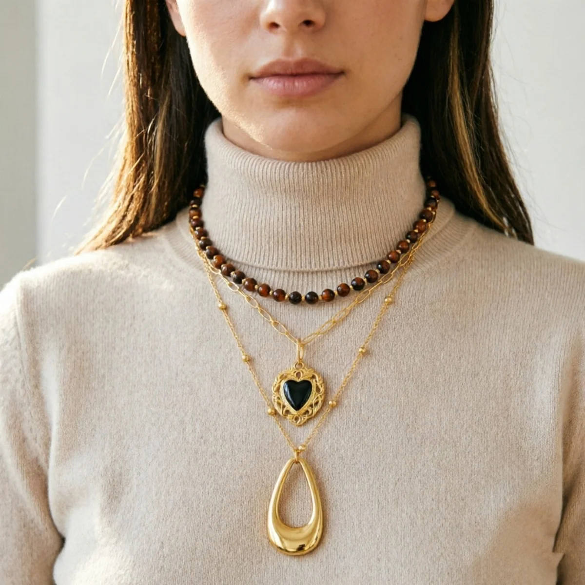 Retro Natürlicher Tigerauge-Stein Herz Hohler Wassertropfen Anhänger Halskette für Frauen Männer Mehrschichtige Tropfenform Stapelbare Choker-Schmuckstücke – Detail 20