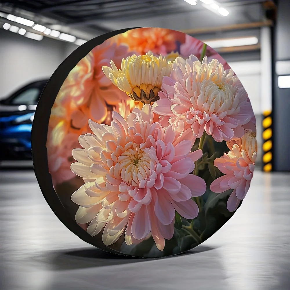 1pc Floral Round Tire Cover - Vibrant Pink & Orange Daisy Design, Durable Polyester, No Electricity Needed, Perfect For Parking