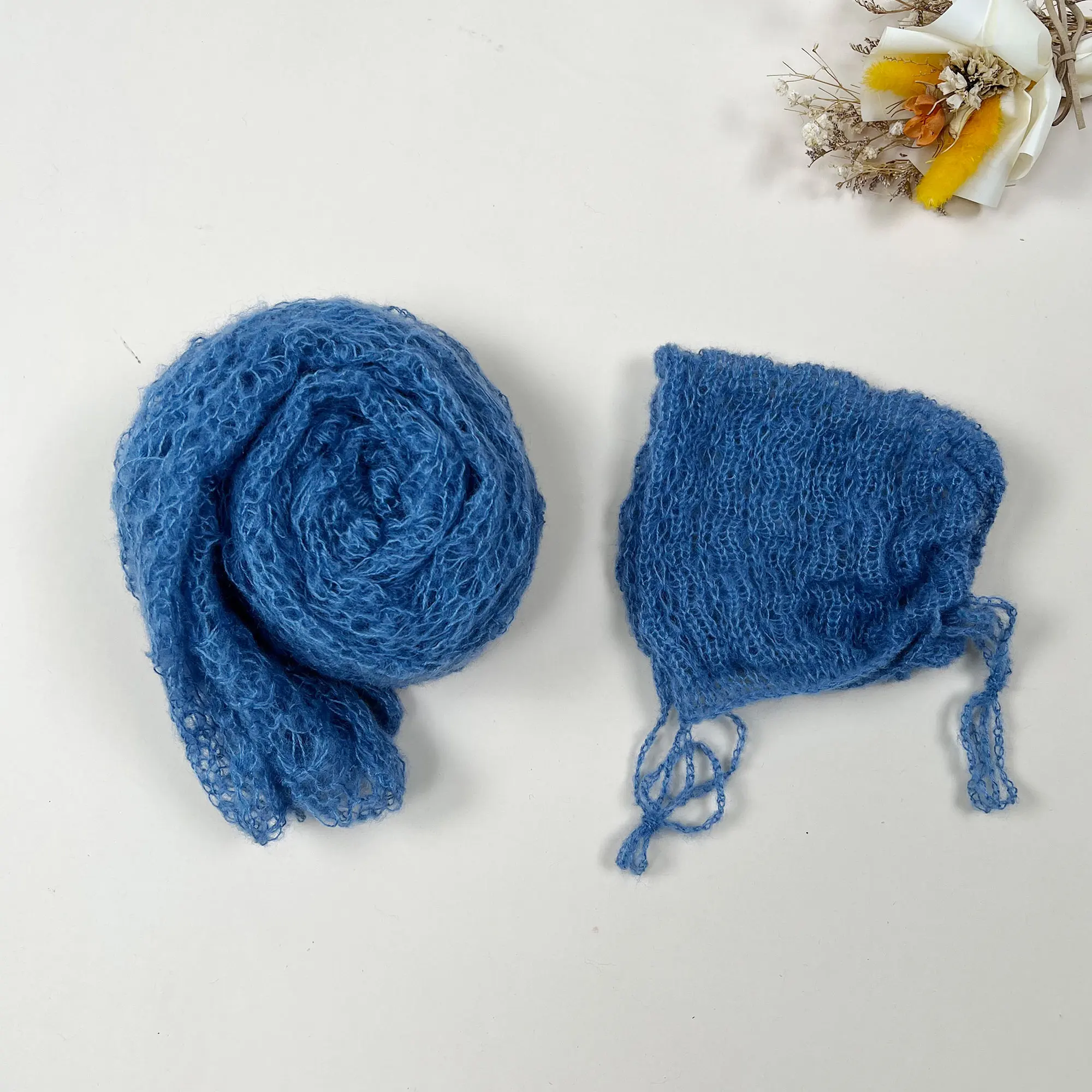 Don&Judy Stretchy Knit Mohair Wrap with Hat for Newborn Photography Props 2PCS/Set Little Infant Baby Photo Shoot Accessories