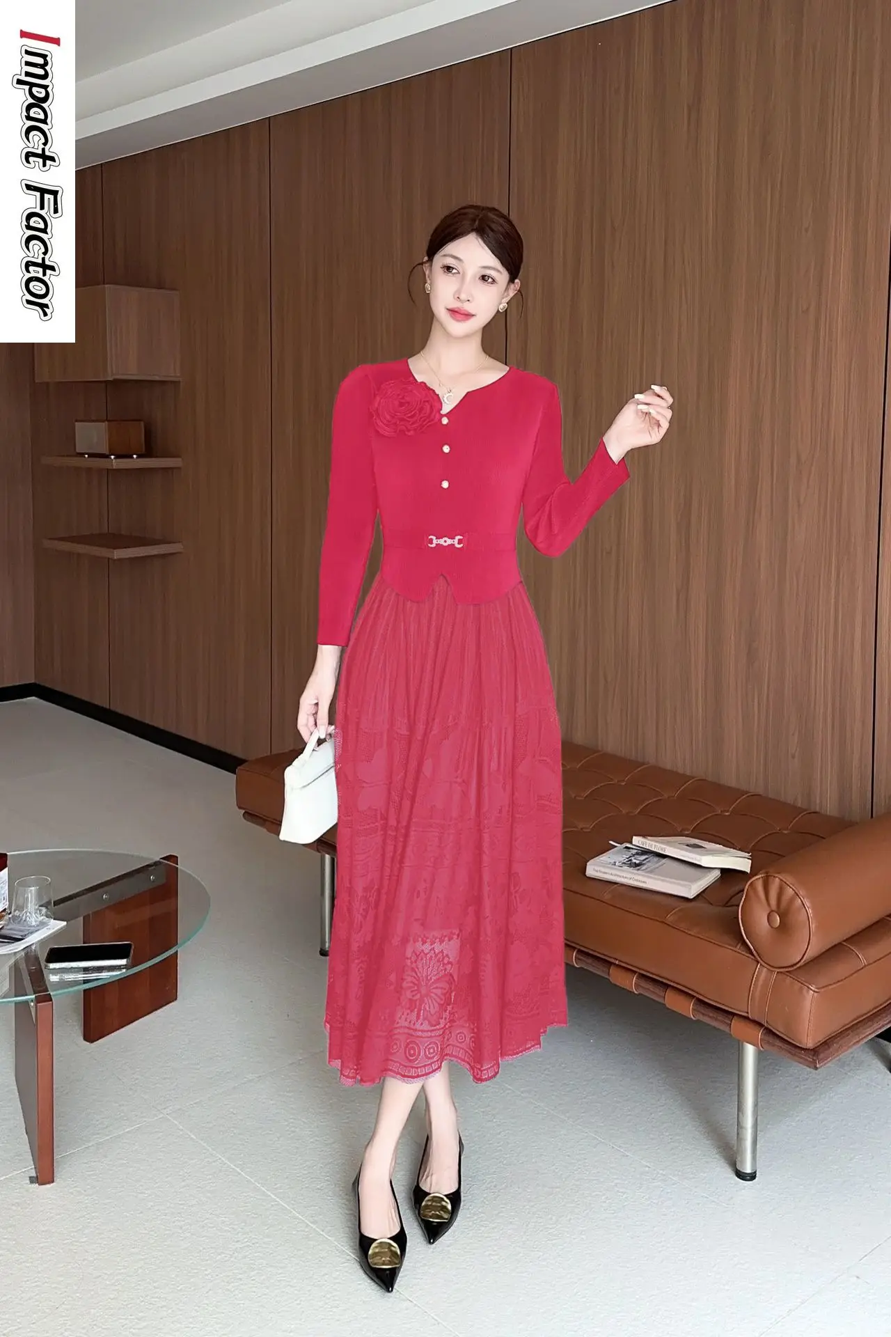 Miyake Women's Clothing Fashion Autumn New Dress Waist Thin High-end Lace Splicing Big Pendulum Long Pleated Skirt