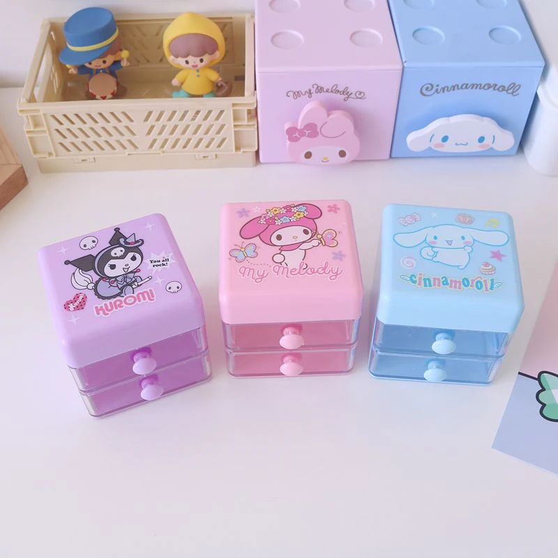 Sanrio Hello Kitty Double Drawer Jewelry Storage Box Cartoon Melody Double Layer Jewelry Stickers Desktop Pen Holder Girls Gifts