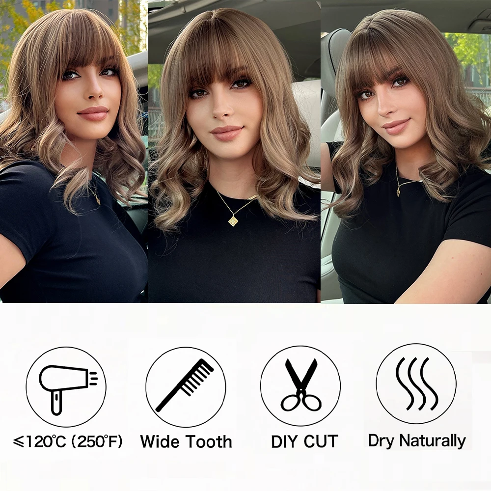 Easyhair jesionowo-brązowy blond krótki falowane syntetyczne peruki z grzywką naturalny peruka w stylu Bob dla kobiet codziennie na imprezę Cosplay