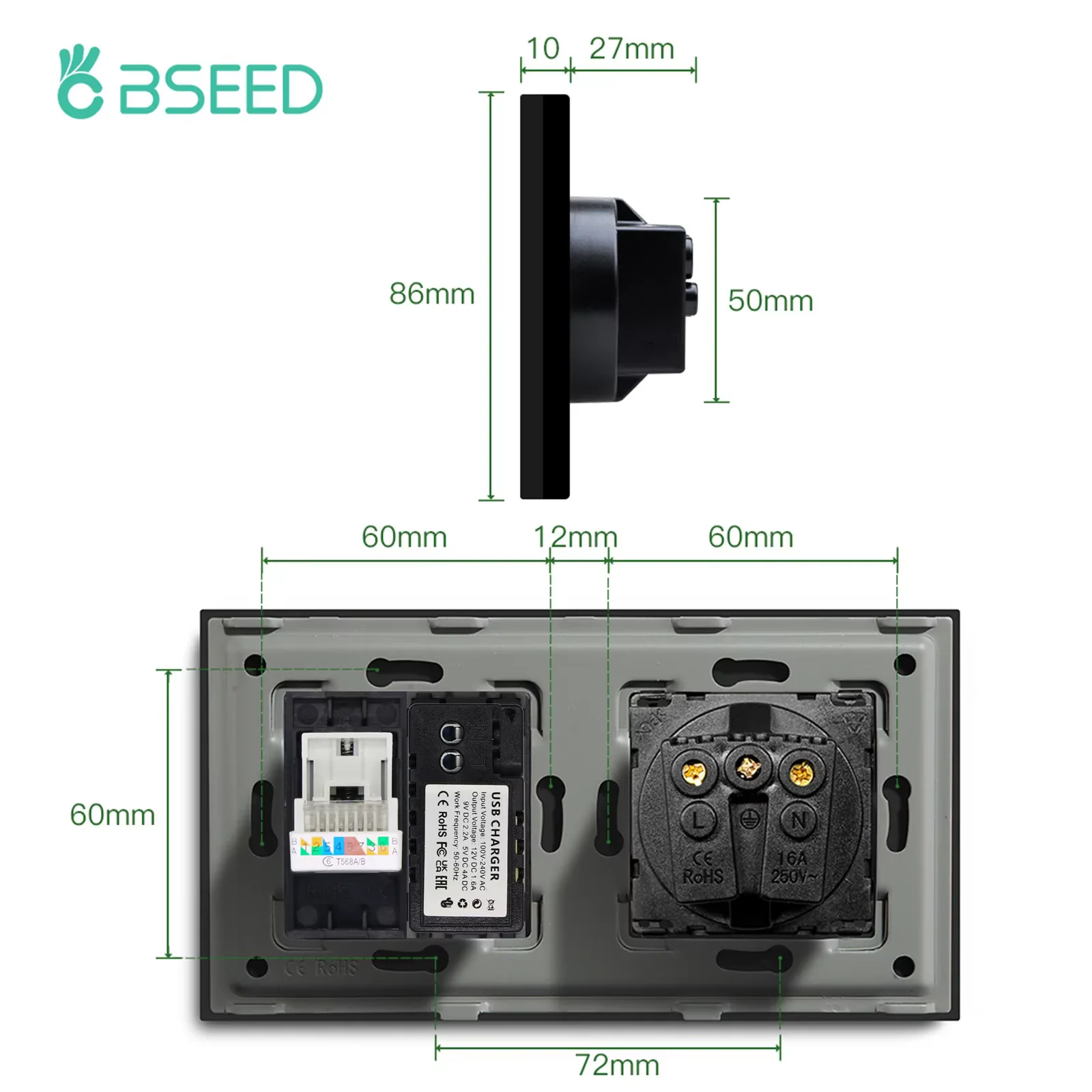 BSEED TV ST CAT6 USB AC French Socket Data PC Computer Dual Internet Sockets Plus Wall Power French Outlets White Glass Frames