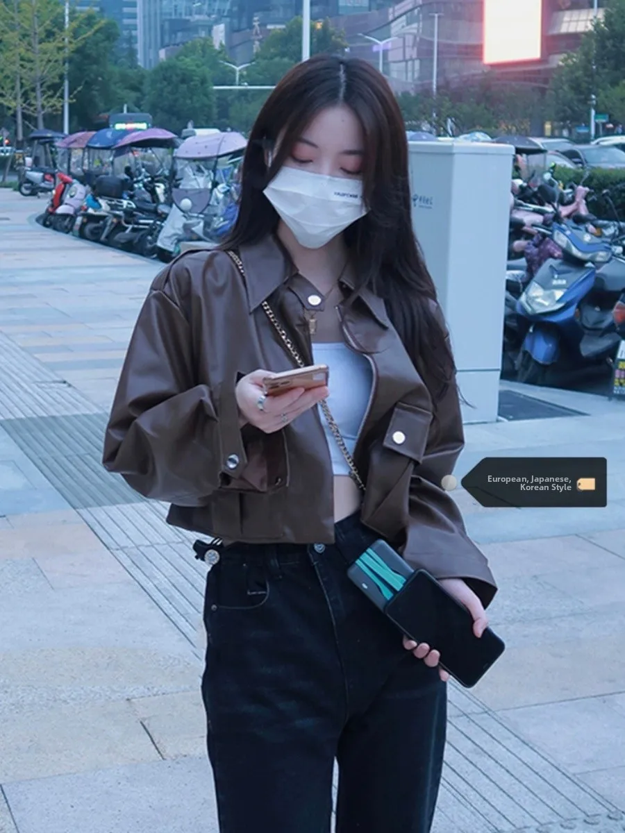 

Женская короткая куртка из искусственной кожи большого размера в стиле ретро, коричневая, летняя, 2026 года, в мотоциклетном стиле, модная, для повседневной носки