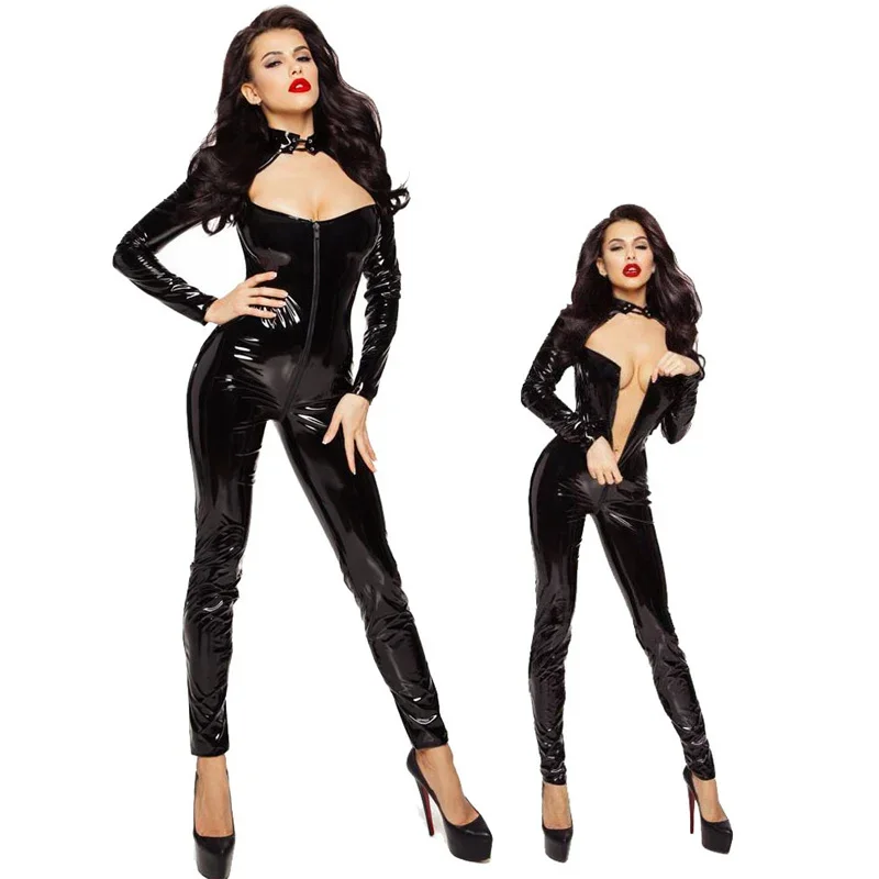 

Women Sexy Hollow Out Lingerie Bodysuit Faux Leather Club Jumpsuits PVC Latex Catsuit Zipper Open Crotch Erotic Wear Plus Size