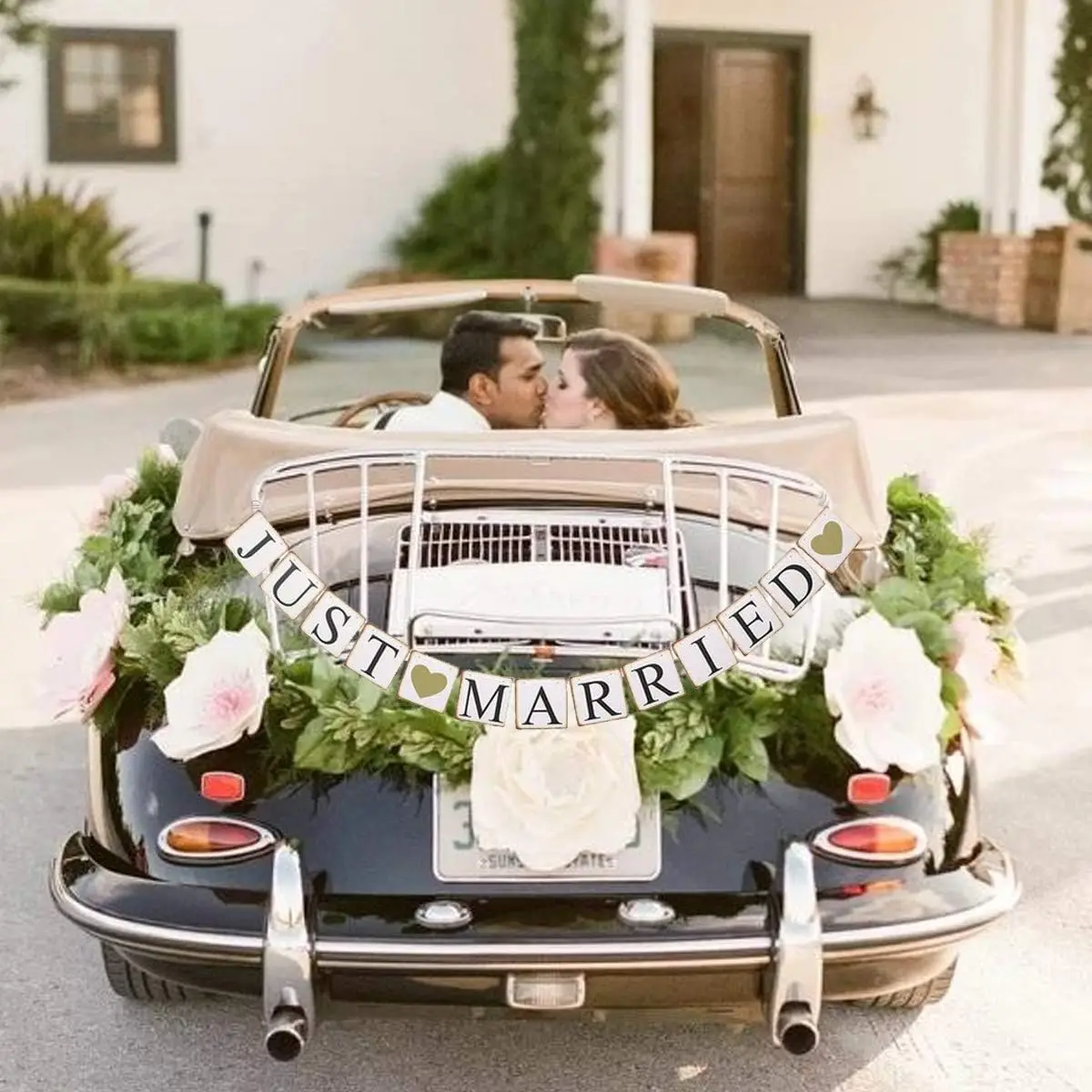 JUST Married Banner Autodekorationen, Goldglitter Just Married Sign Garland für Brautdekorationen, Foto-Requisiten-Dekorationen – Detail 4