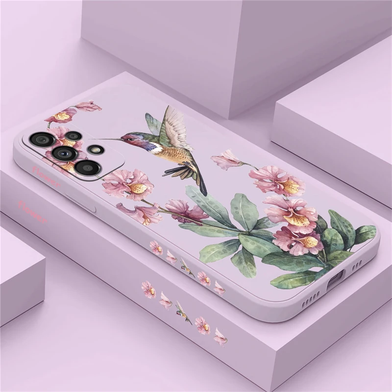 Fashion Bird Pattern Case For Samsung Galaxy A51 A52 A30 A31 M32 A33 A34 A53 A54 5G A32 A42 M42 A50 Flower Liquid Matte Cover