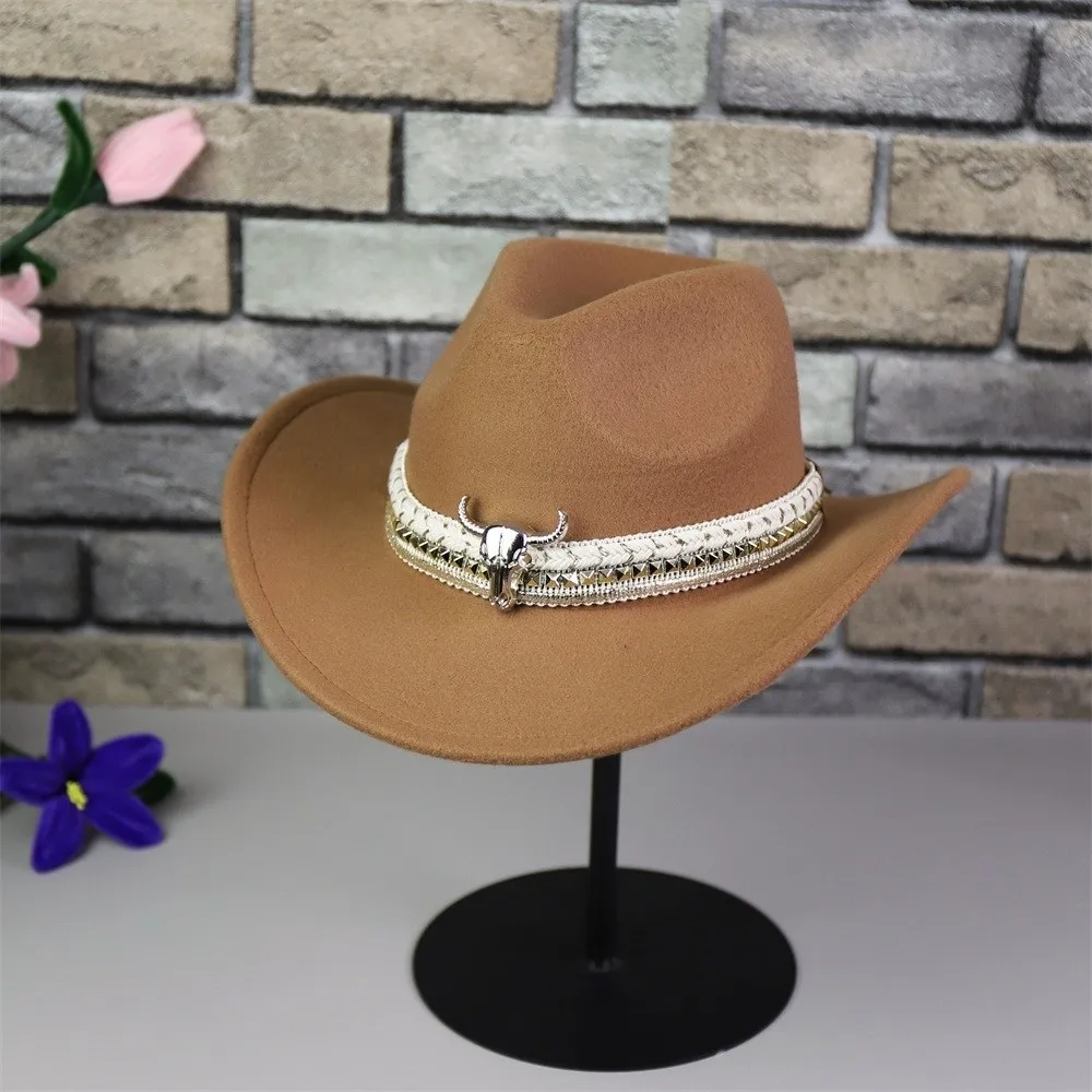 

Wide Brim Western Cowboy Cap Woolen Breathable Cowgirls Visor Cap Lightweight Ethnic Style Sun Protection Knight Hat Concert