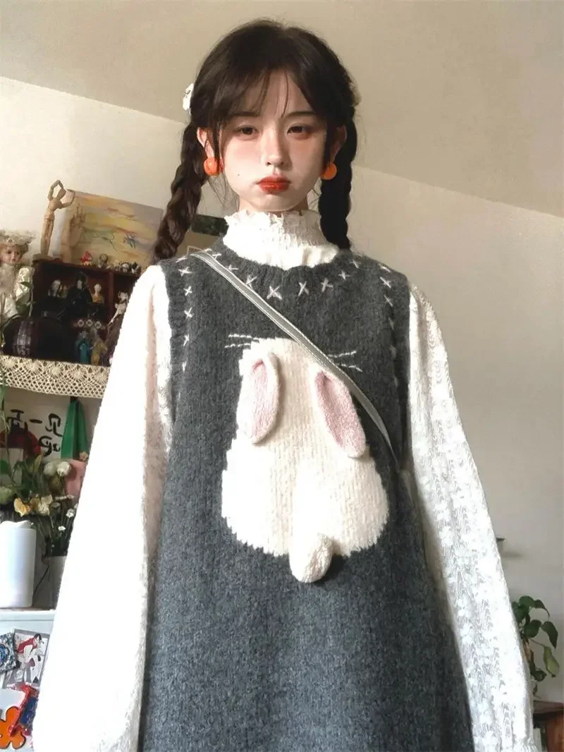 Preppy Style Rabbit Patch Knitted Mid Length Sweaters Vests Cartoon Y2k Sleeveless Pullovers Women Japanese White Shirts Sets