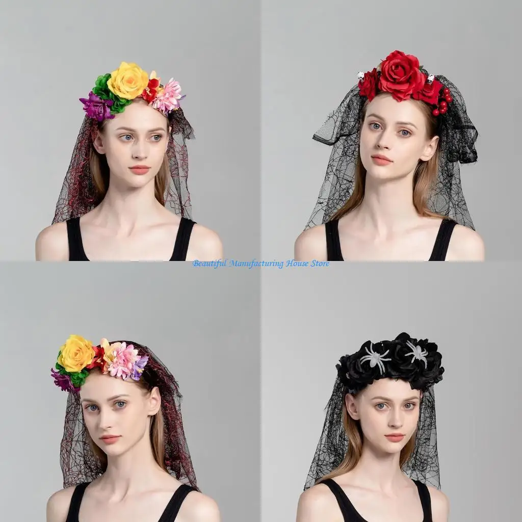 

E56A креативная повязка на голову с искусственными цветами, жемчужная кружевная вуаль, обруч для волос для косплея P