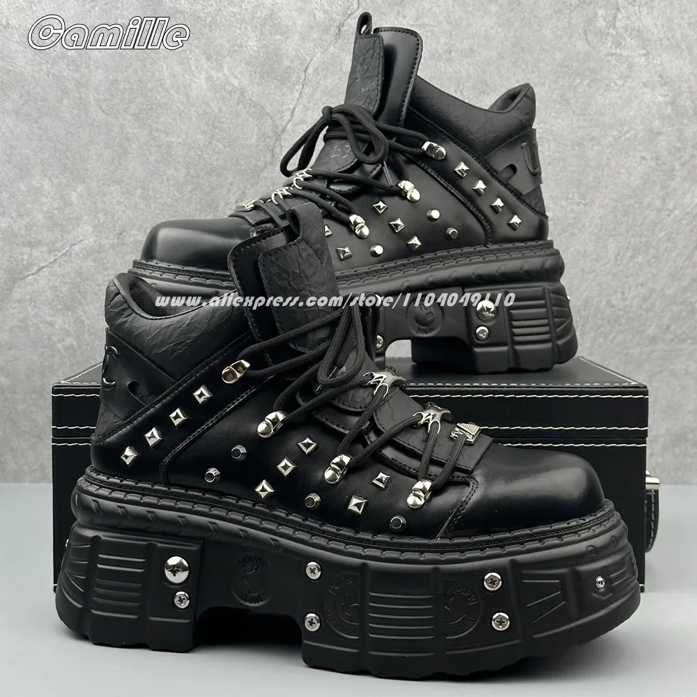

Punk Style Metal Rivet Chunky Heel Motorcycle Ankle Boots 2025 New Fashion Men Size 38-43 Casual Boots Round Toe Platform Boots