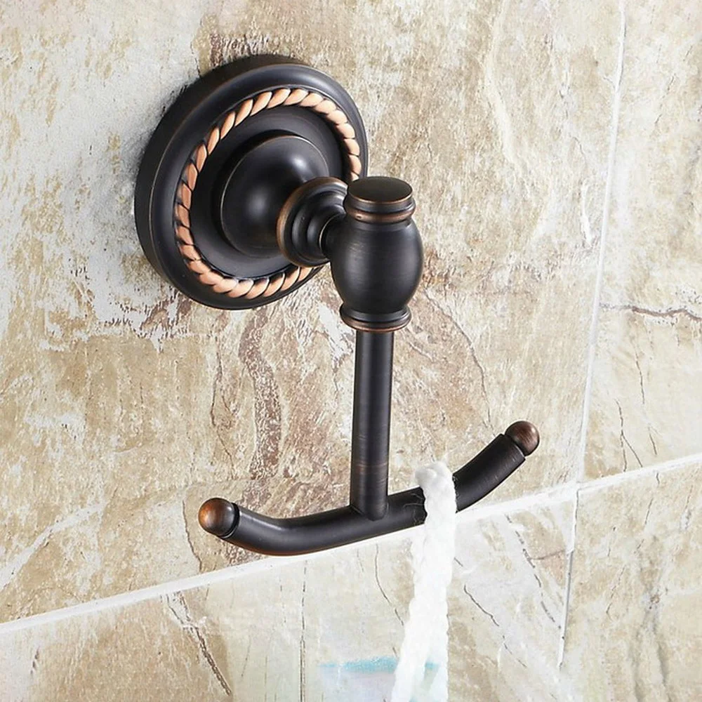 

Настенный черный латунный крючок для полотенец и пальто, с масляным наматыванием, двойной крючок для халата, аксессуар для ванной комнаты mba213