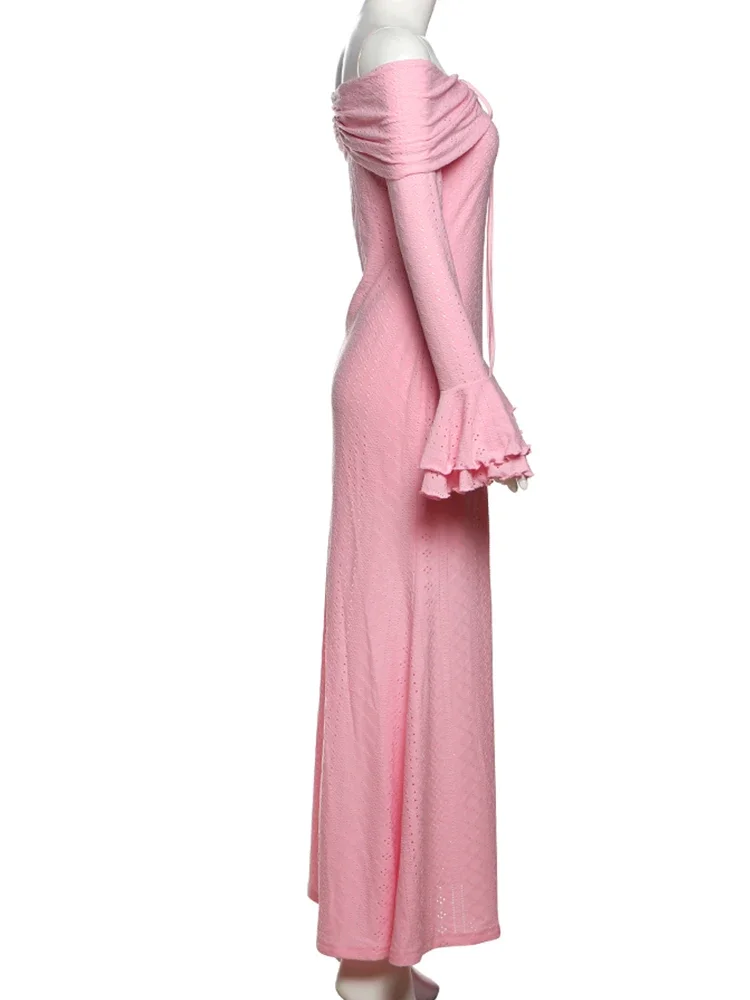 kliou gaten uitgesneden dames maxi-jurk hipster klassiek off-shoulder ruche volledige mouw bandage rechte vestidos dame streetwear