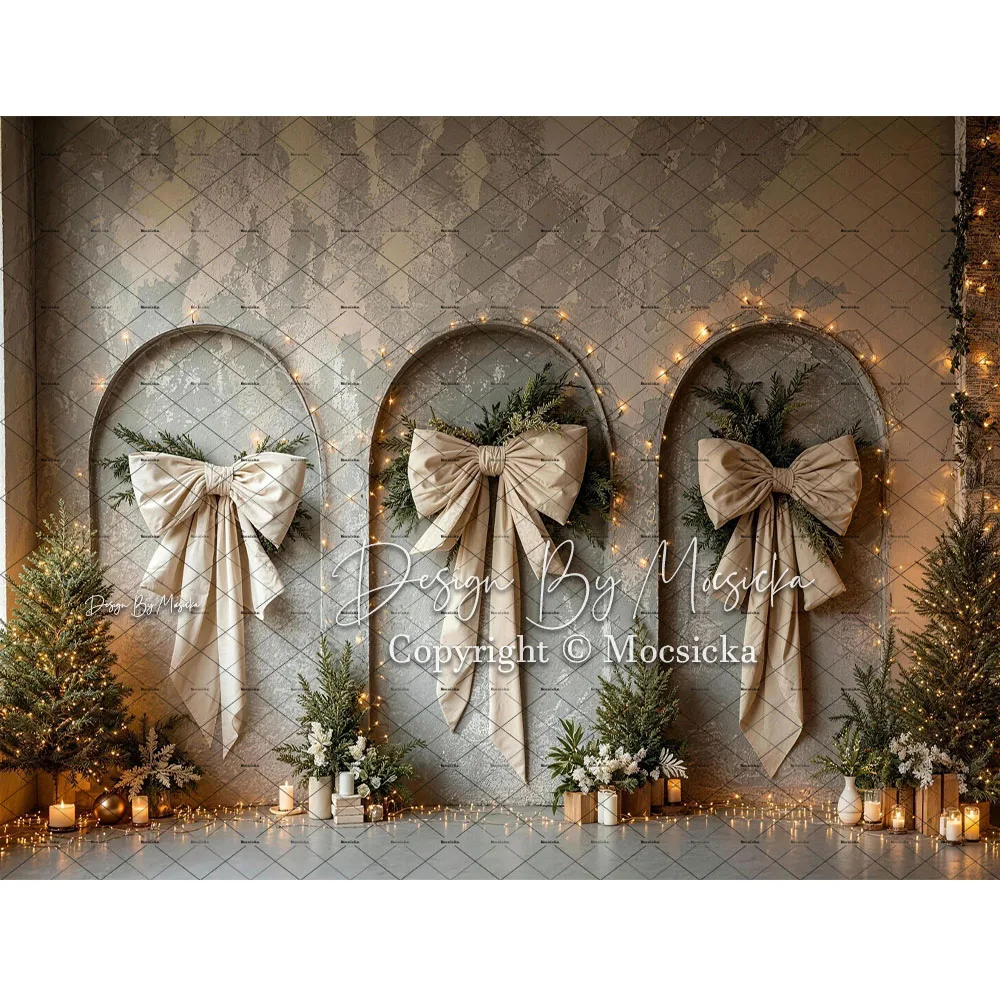 Mocsicka Boho Christmas Arch Curtain Backdrop Photography Greenery Xmas Tree Background Winter Holiday Baby Family Photo Studio