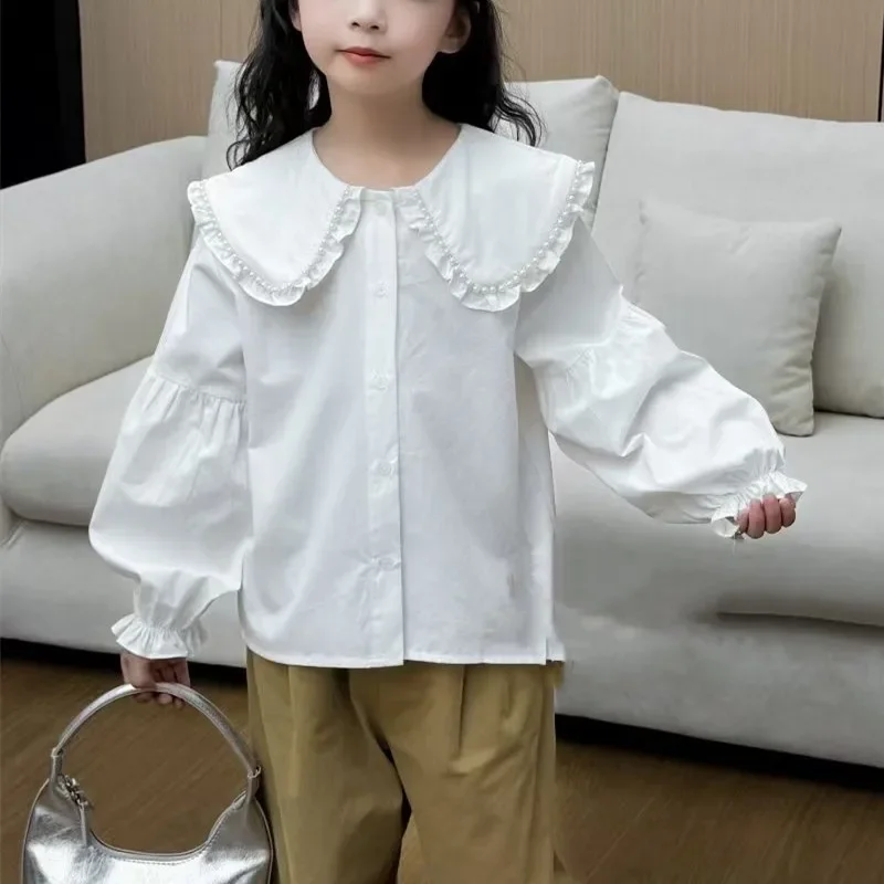 Button-up Cardigan Puff Sleeves Girls Shirt White Children's Daily Shirt Pearl Big Collar Kids' Top Loose Fit Solid Color Kids