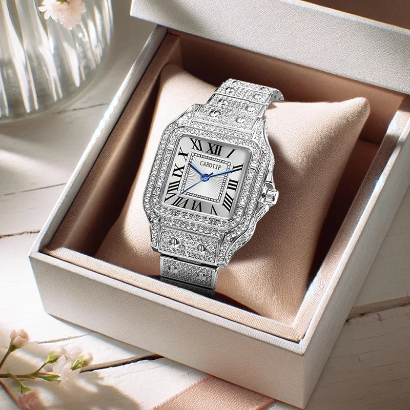 

A women's silver casual holiday-style square quartz watch with a silver stainless steel band