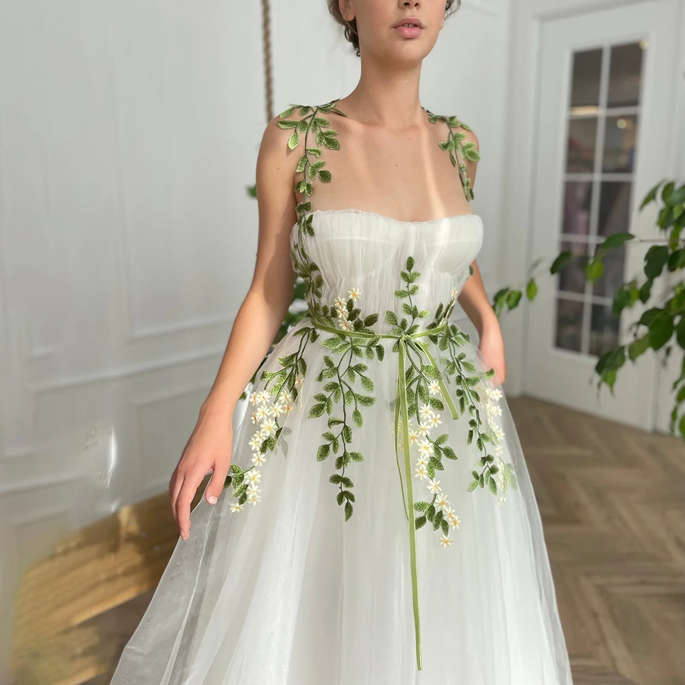 Green Embroidered Maxi A Line Engagement Dress Ruched Tulle Low Cut Customized Fairytale Flowers Romantic Garden Ivory Prom Gown