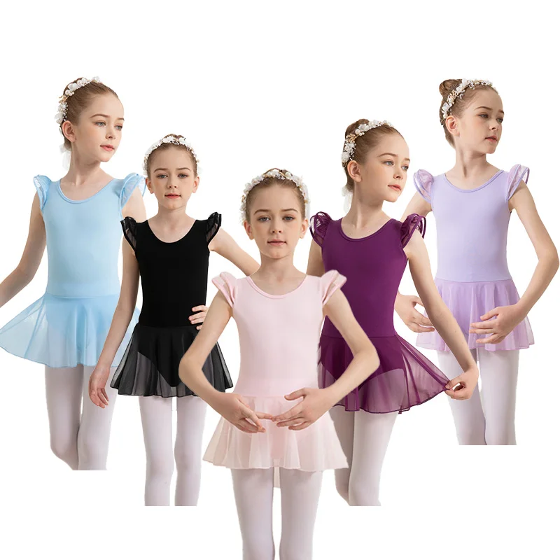 Mädchen-Ballett-Trikot für Tanz, Kleider mit Rüschenärmeln, hohler Rücken, Netzstoff, hohler Rock