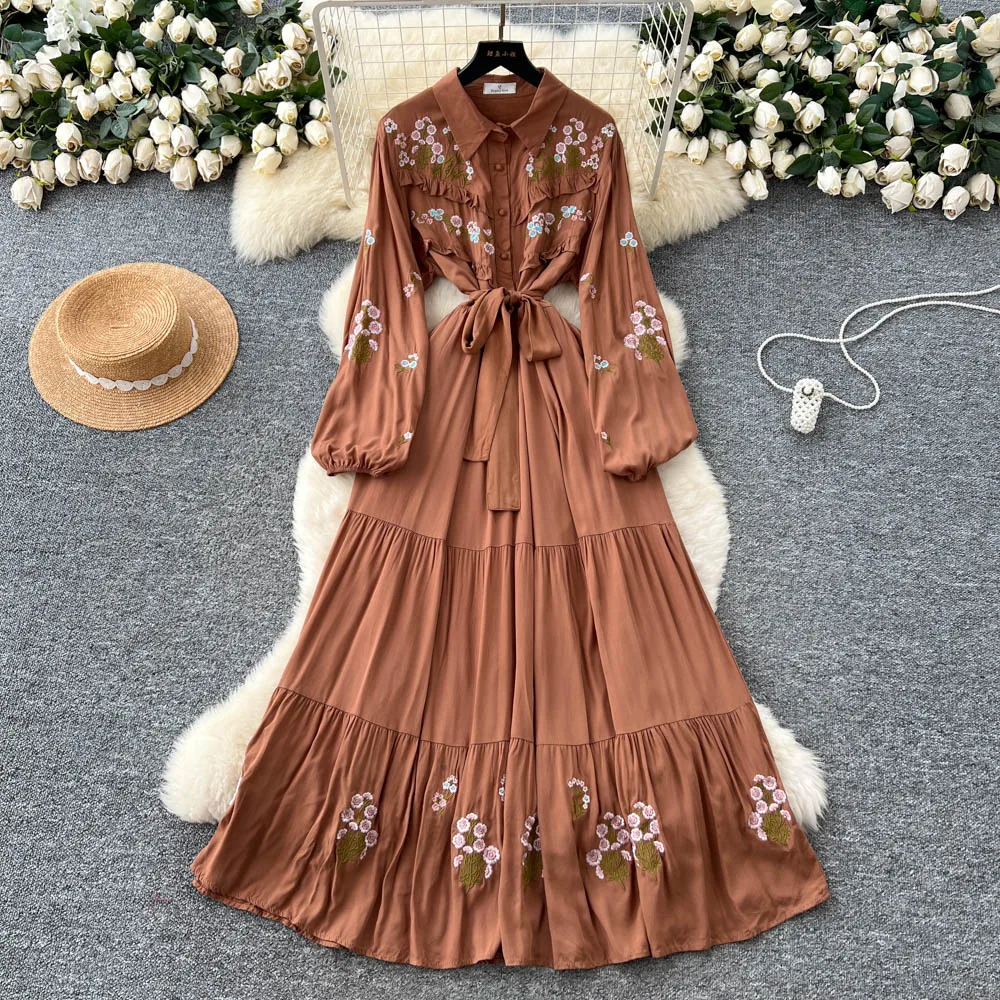 Chic vintage Embroidered print Elegant Fairy korean fashion Boho Sundress women clothing Long dress