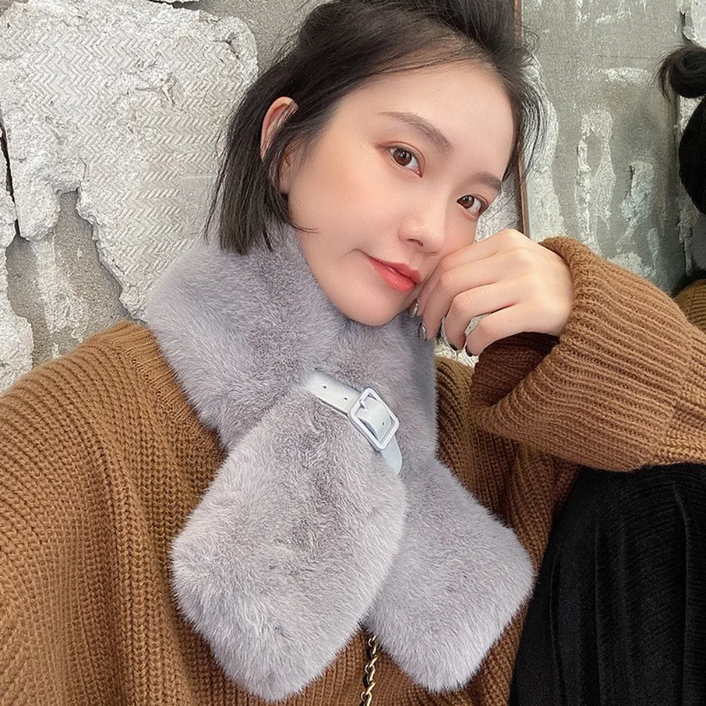 New With Belt Warm Scarf Keep Warm Solid Color Thick Collar Short Narrow Fur Collar Scarf Winter