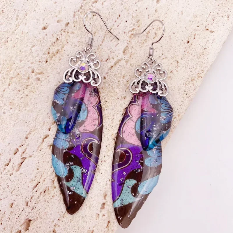 Minar Fairy Floral Painting Resin Wings Pendant Dangle Earrings for Women Girl Flake Rhinestone Butterfly Earring Bridal Jewelry