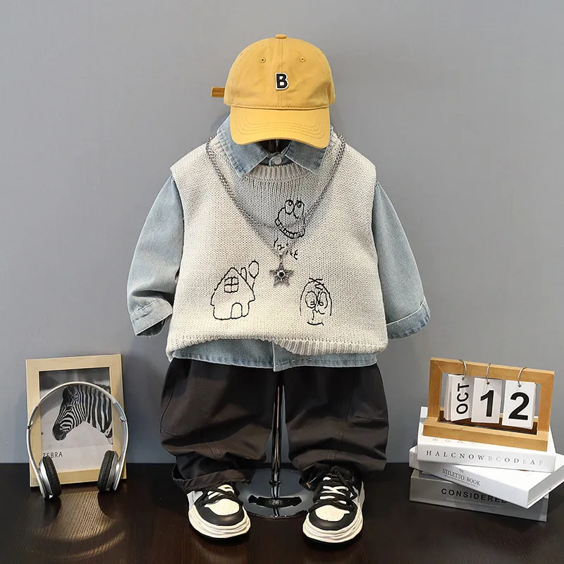 Korean Style Boy Knitted Vest+Cowboy Shirt+Pants Set Spring Autumn Fashionable Cute 3-Piece Outfit for Children 2-10 Years