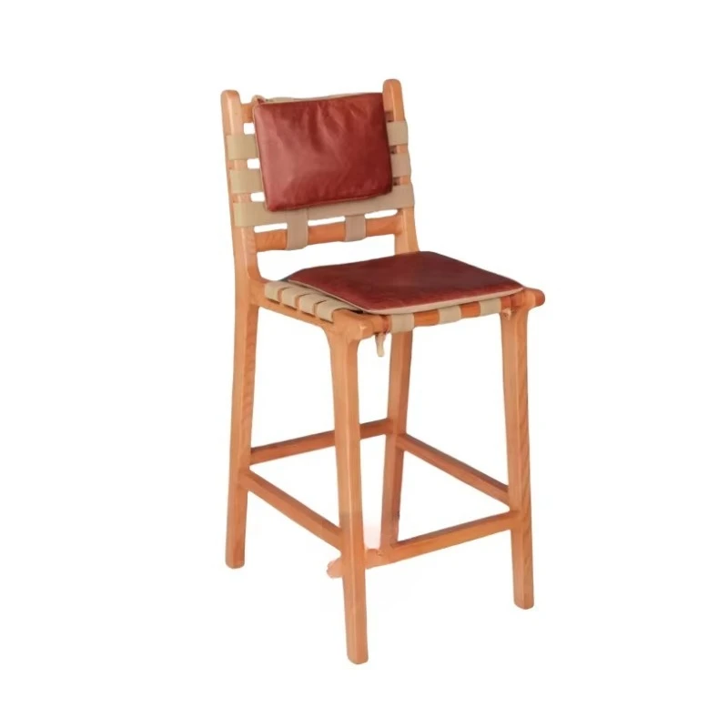 Sgabello da Bar di Lusso con Gambe in Legno e Seduta in Pelle di Prima Qualità, Design Unico con Intreccio a Cinghia per Caffè e Sala da Pranzo