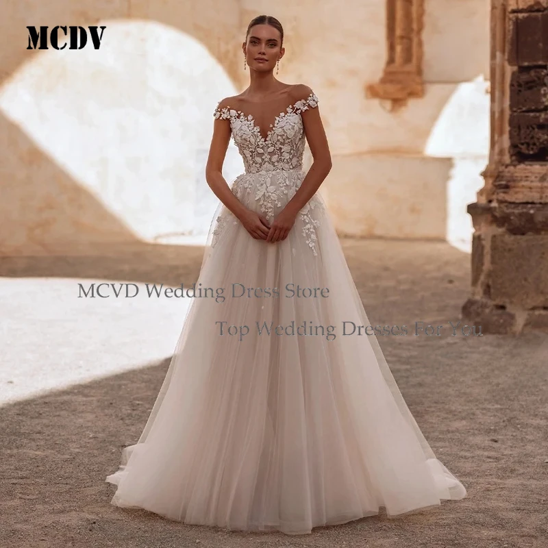 

MCDV Fashion Backless Wedding Dresses for Women Bridal Cap Sleeves O neck Appliques Robe De Mariée Personalized Customized